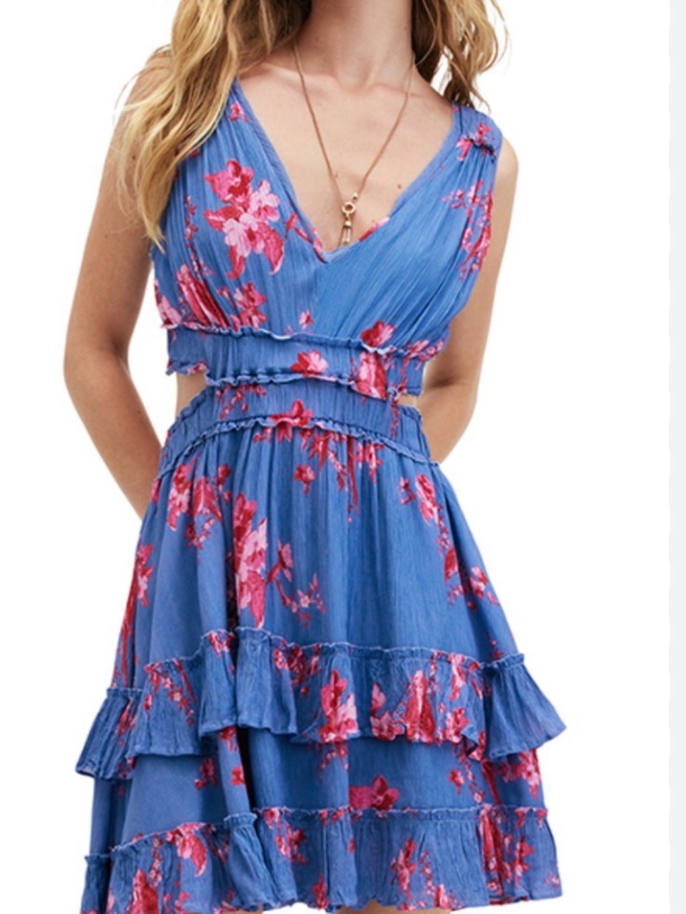 NWT AllSaints Blue Floral Backless Dress with Pink Blossoms